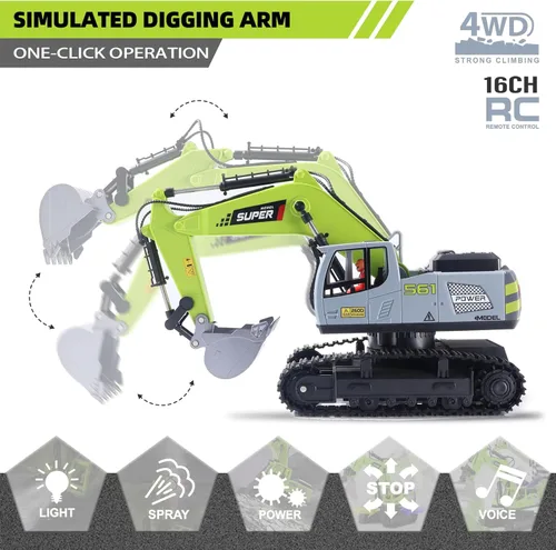 Miniatura 2 de ViRockSign - Excavadora de control remoto de juguete para niños, excavadora de construcción de juguete RC de 16 canales con control de velocidad