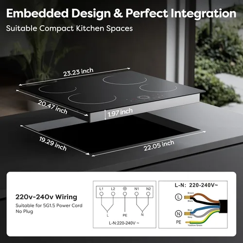 Miniatura 6 de Placa de cocina eléctrica de 4 quemadores, CDV 24 pulgadas, estufa eléctrica incorporada, estufa radiante de 220-240 V con bloqueo para niños