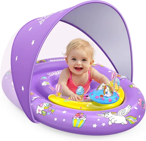 Miniatura 9 de EZIGO Baby Pool Float with Canopy UPF50+ Sun Protection, Inflatable Kids Pool Floats with Ocean Animal Toys for Baby 6-36 Months, Infant Swimming