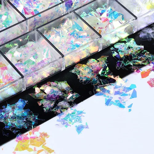 Miniatura 2 de Arte de uñas holográfico de sirena, lentejuelas con purpurina en polvo, piezas irregulares celofán fluorescente, piezas iridiscentes con purpurina