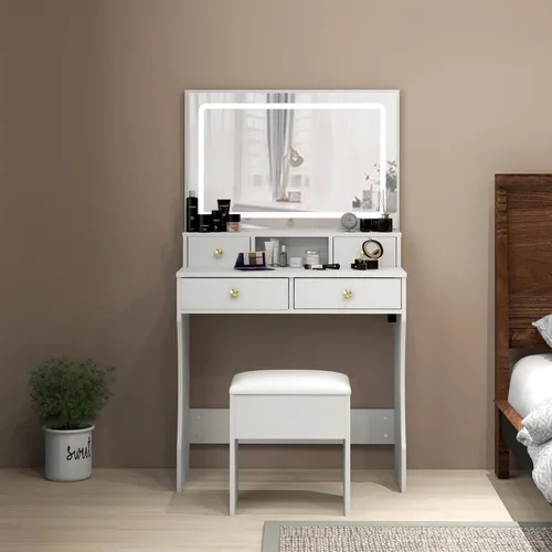 Miniatura 2 de Panana Juego de escritorio de tocador con espejo iluminado LED ajustable, tocador de maquillaje para niñas con taburete y 4 cajones