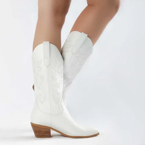 Miniatura 2 de Botas vaqueras modernas bordadas para mujer, botas de media pantorrilla, tacón grueso, retro, coloridas botas occidentales