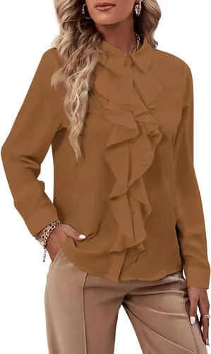 Miniatura 38 de LYANER - Blusa de manga larga con cuello de botón y volantes en la parte delantera para mujer