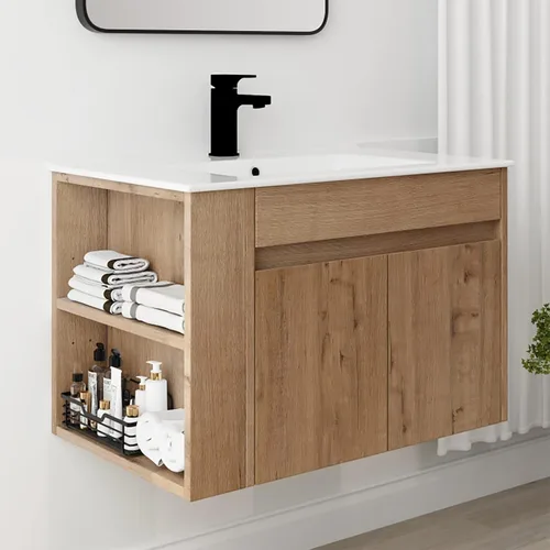 Miniatura 10 de Tocador de baño de 30 pulgadas con fregadero, moderno combo montado en la pared con lavabo de cerámica blanca y estante abierto ajustable, grifo
