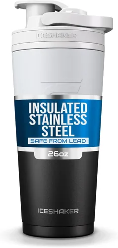 Ice Shaker Botella Agitadora de Acero Inoxidable | 26 oz, Negro/Blanco | Se Mantiene Fría por Más de 30 Horas | Vaso Aislado con Agitador de Rosca |