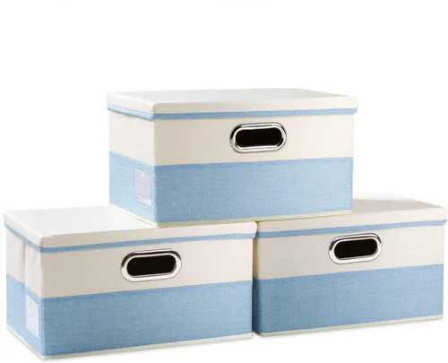 Miniatura 65 de PRANDOM Contenedor de almacenamiento plegable con tapa [1 unidad] Caja de almacenamiento decorativa de tela de lino, cesta organizadora con asas