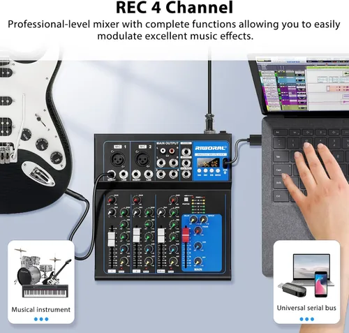 Miniatura 6 de Interfaz de audio de 4 canales, mezclador de audio USB, tablero de sonido, consola de mezcla incorporada Bluetooth MP3 Entrada de computadora+48 V