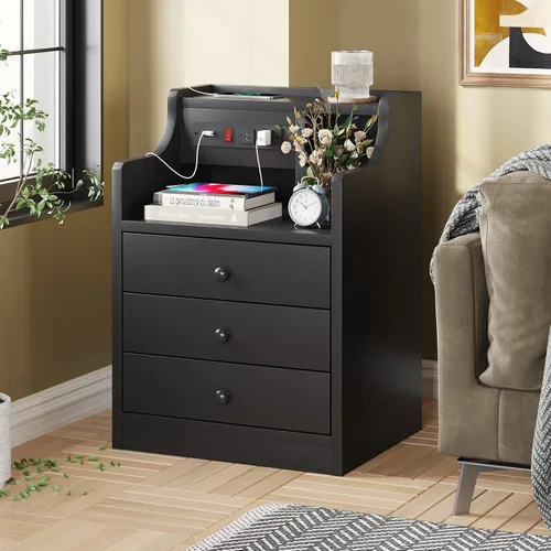 Miniatura 6 de ADORNEVE - Mesita de noche con estación de carga, mesita negra para dormitorio, mesa auxiliar con aparador y cajones de almacenamiento