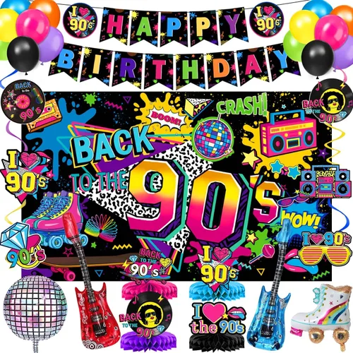 Las decoraciones para fiestas de cumpleaños de los años 90 incluyen telón de fondo, centros de mesa de panal, pancarta, espirales colgantes, globos