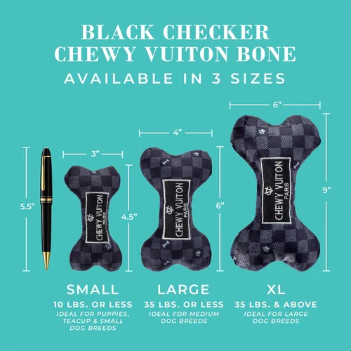 Miniatura 3 de Haute Diggity Dog Black Checker Chewy Vuiton Bone, Juguetes de Peluche de Diseñador para Perros con Chirriador Interactivo, Estimulante Hueso
