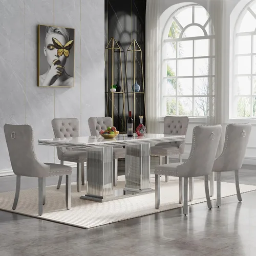Miniatura 55 de HomVent Juego de mesa de comedor moderna de mármol sintético para 4 personas, mesa de cocina rectangular con 4 sillas beige (dorado)