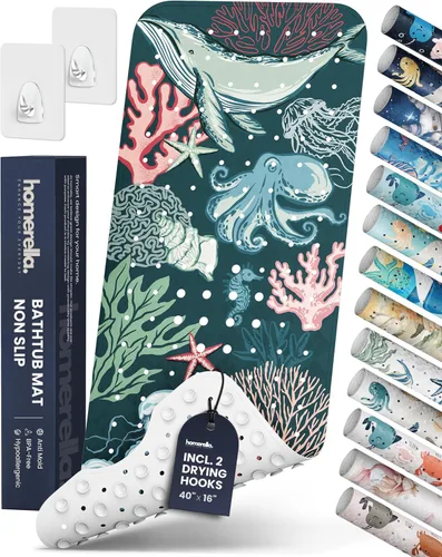 Miniatura 23 de Homerella - Alfombrilla de baño antideslizante y antideslizante para niños, 40 x 16 pulgadas, sin BPA, incluye 2 ganchos, tapete de ducha lavable