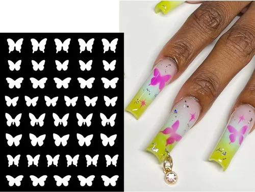 Miniatura 4 de 6 hojas de plantillas de aerógrafo, calcomanías de uñas para arte de uñas, autoadhesivas, estrellas, mariposa, punta francesa, corazón, calcomanías