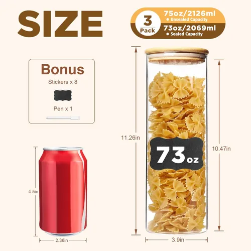 Miniatura 3 de SHOWIN Tarros de almacenamiento de pasta de vidrio de 73 onzas, tarros altos de vidrio con tapas de bambú, contenedor de espagueti, juego de 3