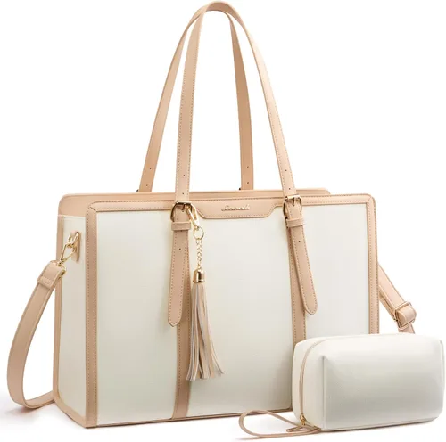 Miniatura 30 de LOVEVOOK Bolsa para laptop para mujer, bolsa de lona ligera de 15.6 pulgadas, bolsa grande para computadora, con bolso de mano, para negocios, Beige
