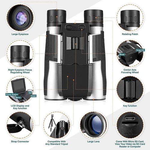 Miniatura 7 de Binoculares digitales LCD de 2.4 pulgadas con cámara, grabación de video de 48 MP 2.5K, óptica de 12 x 32, zoom digital 8X para observación de aves