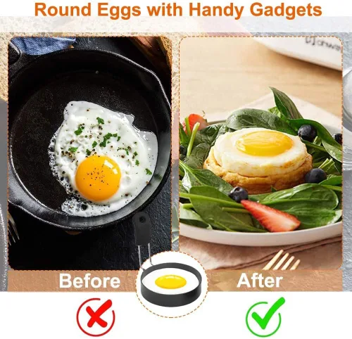 Miniatura 5 de Anillos de huevo de 3.5 pulgadas para freír huevos y magdalenas inglesas, anillos de huevo de acero inoxidable con mango plegable, paquete de 2