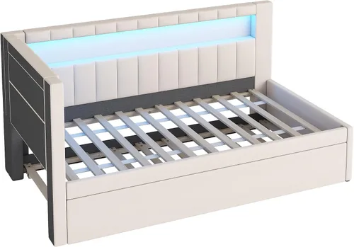 Miniatura 9 de Cama de plataforma tapizada de tamaño individual con puertos USB y luces LED, sofá cama con nido y cabecera en forma de L, cama esquinera suave