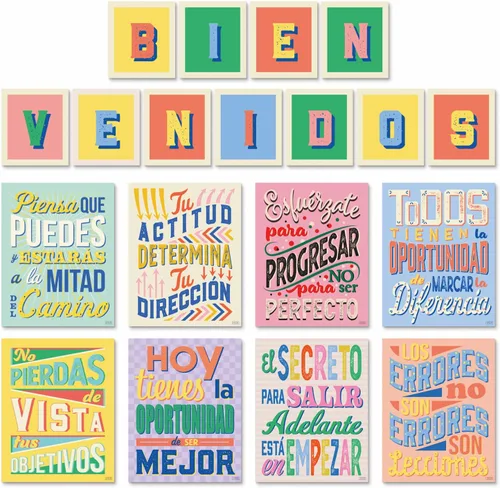 Sweetzer & Orange Juego de 8 carteles motivacionales en español y letras BIENVENIDOS para profesores y estudiantes, gráficos de idiomas que Carteles