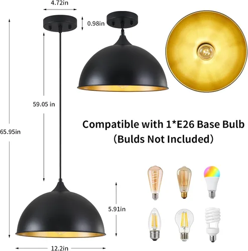 Miniatura 2 de Luces Colgantes Isla de Cocina, 12" Lámpara Colgante de Cúpula Negra y Dorada Vintage Industrial Luminarias Colgantes para Casa de Campo Comedor