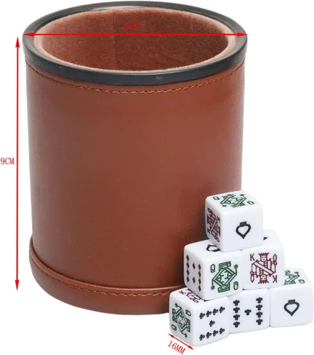 Miniatura 4 de Taza de dados de cuero sintético con dados de póquer, con forro de fieltro, agitador silencioso para jugar dados Yahtzee/Farkle/Liars, Marrón