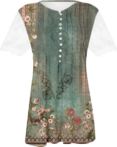 Miniatura 40 de Summer Shirts for Women 2025 Plus Size Short Sleeve Henley Tops Marble Floral Loose Tshirt Tee Casual Dressy Tunics
