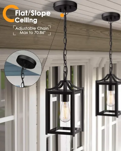 Miniatura 5 de Lámpara Colgante para Exteriores, 14" Luz Colgante Moderna Grande para Porche con Cadena Ajustable, Linterna Colgante Exterior Negra con Vidrio