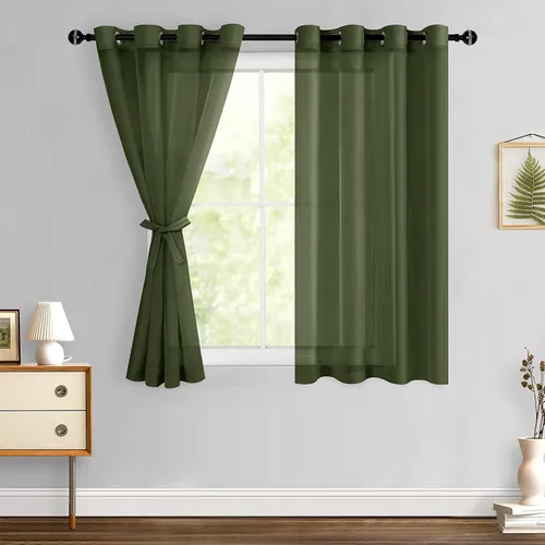 Miniatura 145 de Hiasan - Cortinas traslúcidas de gasa cortas semitransparentes con ojales y alzapaños filtrantes de luz para ventana, dormitorio, baño, 2 paneles
