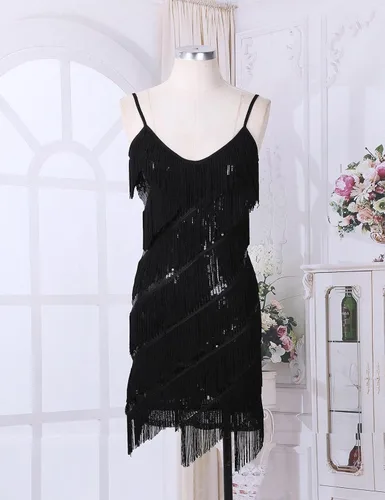 Miniatura 2 de CHICTRY Vestido de mujer con tirantes delgados, borlas de lentejuelas, con flecos, vestido de fiesta, baile, vestido de noche