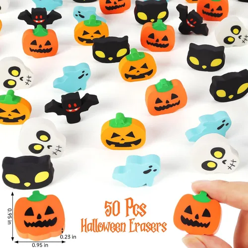 Miniatura 3 de AIQINHU Borradores de Halloween para niños a granel, 50 piezas grandes de Halloween, calabaza, fantasma, cráneo, murciélago, borradores para truco