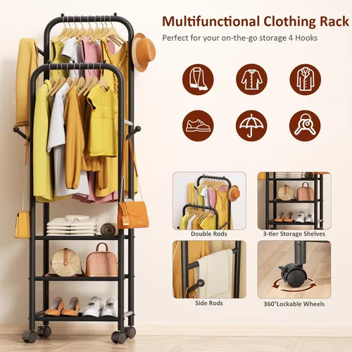 Miniatura 5 de Furologee - Percheros enrollables para colgar ropa, con dobles varillas, con ruedas, perchereros resistentes, perchero metálico portátil
