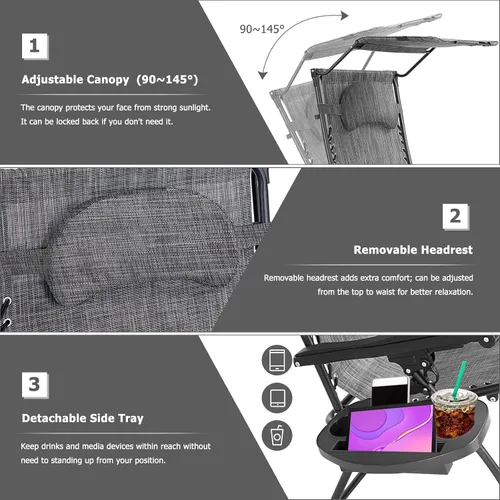 Miniatura 7 de HAPPYGRILL Zero Gravity - Sillón reclinable plegable para patio al aire libre, playa, patio, piscina, gris