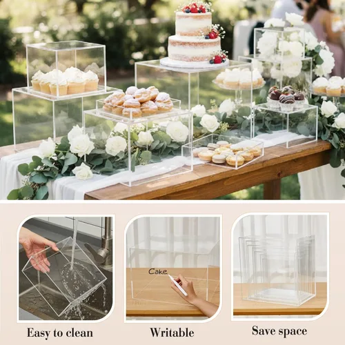 Miniatura 3 de Leinuosen Juego de 7 elevadores de buffet extra grandes de 8 a 14 pulgadas, caja de exhibición de acrílico cuadrada, elevador de mesa de postres