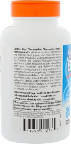 Miniatura 4 de Doctor's Best Glucosamina Condroitina MSM + Ácido Hialurónico con OptiMSM con Colágeno BioCell, Soporte Articular, Sin OMG, Sin Gluten y Soja, 150