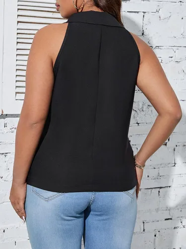 Miniatura 2 de MakeMeChic Chaqueta sin mangas con cuello de solapa y botones frontales para mujer, talla grande