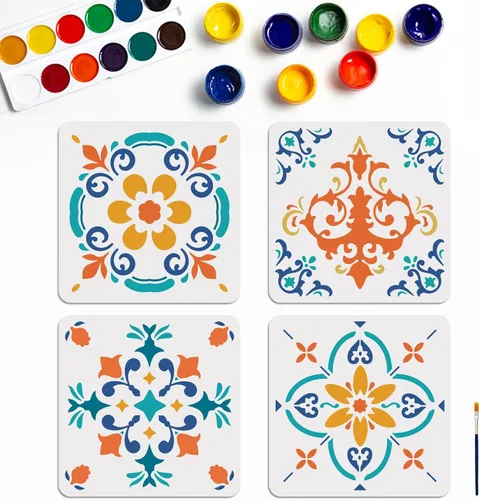 MAYJOYDIY Juego de plantillas de azulejos de 4 piezas, plantillas de pintura de piso, plantillas mexicanas de mandala de 11.8 x 11.8 pulgadas con