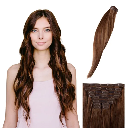 Miniatura 14 de BFB Hair Extensiones de cabello con pinzas para mujer, extensiones de cabello humano real, color castaño y rubio degradado bañado en miel, 21 Miel