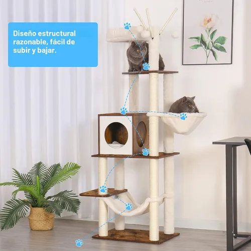 Miniatura 7 de Hey-brother Árbol de madera para gatos, muebles para gatos de 66.1 pulgadas con postes rascadores, torre moderna para gatos con hamacas, juguetes
