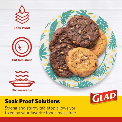 Miniatura 3 de Glad Platos redondos de papel desechables, patrón de hojas de palma, a prueba de remojo, resistentes a cortes, aptos para microondas para comidas