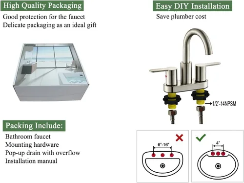 Miniatura 5 de TimeArrow Grifo de Lavabo de Baño Centerset de 2 Manijas Níquel Cepillado con Ensamblaje de Desagüe, Arco Alto Moderno de 4 Pulgadas Grifo de Níquel