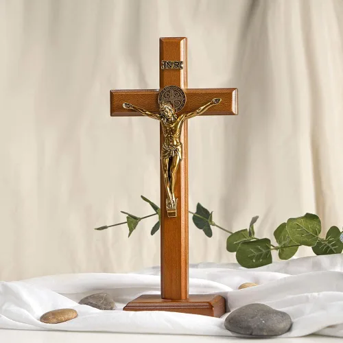 Miniatura 4 de KUXBET Cruz Crucifijo Católica de 10.7 Pulgadas de Madera con Jesucristo Cruz de Pared con Soporte, para Colgar o Mesa con Soporte para Decoración