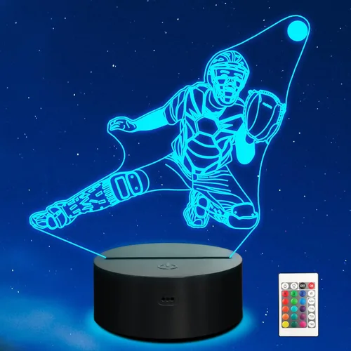 Ammonite - Luz nocturna de atrapasueños de béisbol, lámpara de jugador de béisbol de ilusión 3D para niños, 16 colores que cambian con control