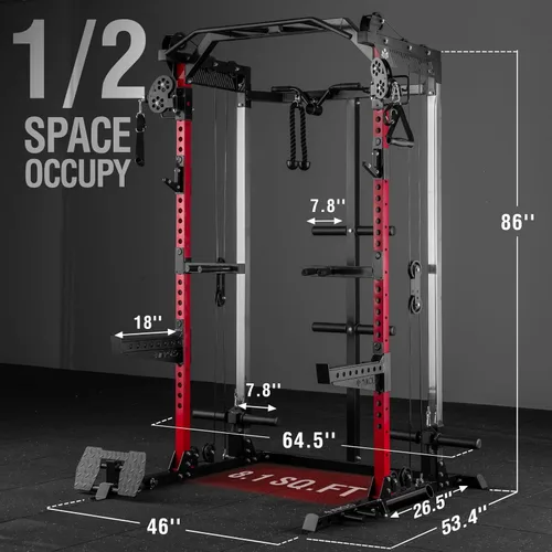 Miniatura 7 de Mikolo - Jaula de fuerza, estante de potencia de 2000LB con sistema de polea doble independiente, máquina de entrenamiento multifunción