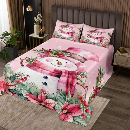 Manfei Colcha de muñeco de nieve de Navidad, tamaño King, colcha acolchada con 2 fundas de almohada, juego de colcha rosa de Navidad de 3 piezas