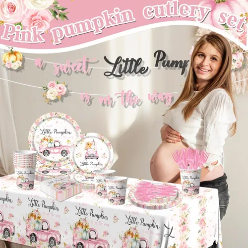 Miniatura 6 de Decoraciones de Vajilla para Fiesta de Baby Shower Little Pumpkin, 142 Piezas Una Dulce Calabacita Está en Camino Niña Rosa Floral Camión Mantel