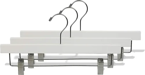 Miniatura 2 de Percha de madera blanca para pantalones con clips de cojín ajustables, caja de 50 perchas de fondo de madera plana con gancho giratorio cromado