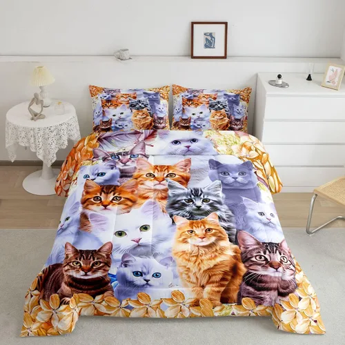 Miniatura 13 de Feelyou Juego de edredón para niños, diseño de gatos de dibujos animados, tamaño twin, lindo juego de ropa de cama de gatitos para adolescentes