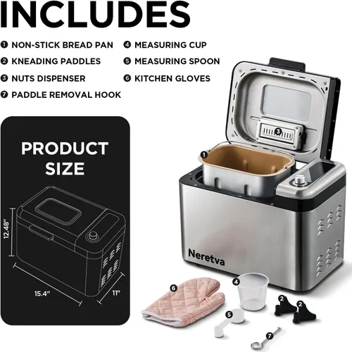 Miniatura 7 de Neretva Máquina para hacer pan, Máquina de pan más grande de 3.3 libras 15-en-1 de acero inoxidable y sartén de cerámica antiadherente y dispensador