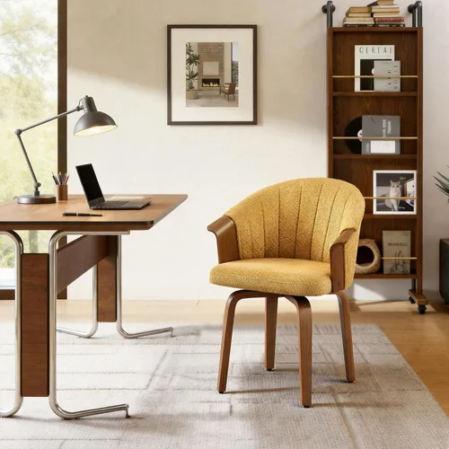 Miniatura 8 de Art Leon Silla de escritorio sin ruedas, silla giratoria moderna de mediados de siglo, silla de escritorio de piel sintética para oficina en casa