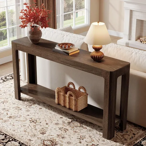 Miniatura 5 de Tribesigns - Mesa de consola de entrada de 63 pulgadas, mesa de sofá de 2 niveles estilo granja estrecha detrás del sofá, mueble de consola